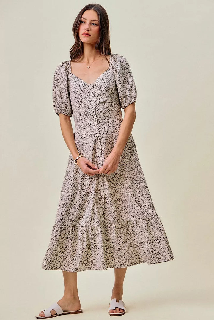SO ME Ditsy Floral Self Belt On Elastic Waist Maxi Dress