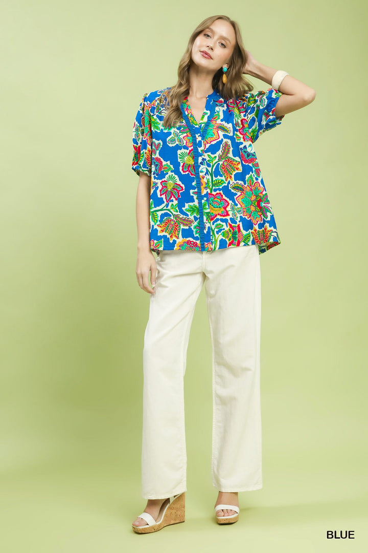 Umgee Floral Contrast-Trim Boho Blouse