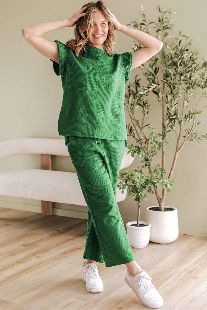 Dark Green Ruffled Sleeve Summer Top and Cropped Loose Pants Set