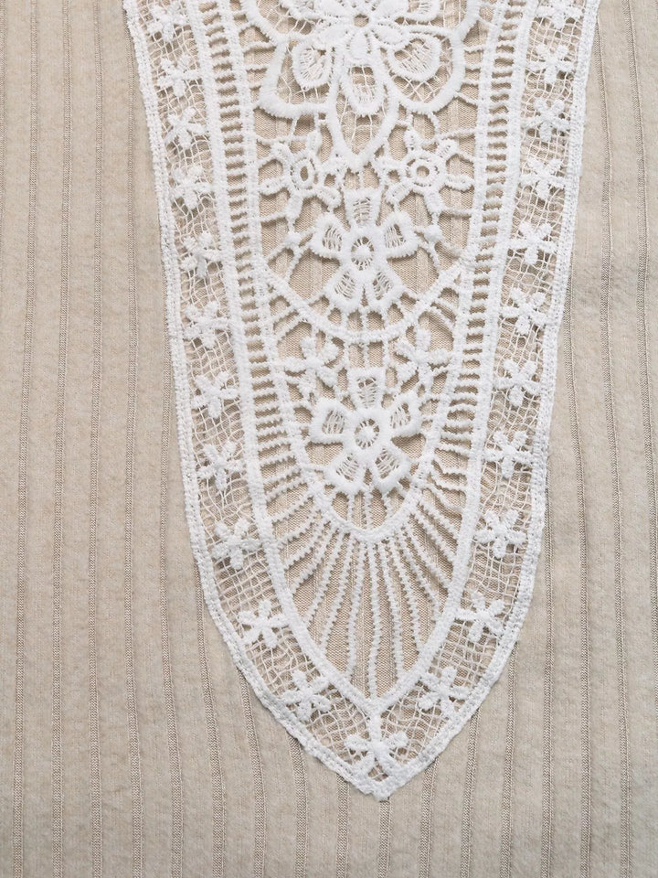 Lace Detail Ribbed Knit Long Sleeve T-Shirt
