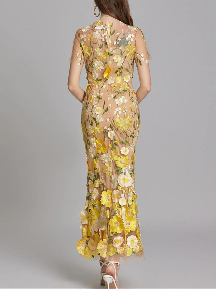 Floral Embroidered Mesh Overlay Maxi Dress