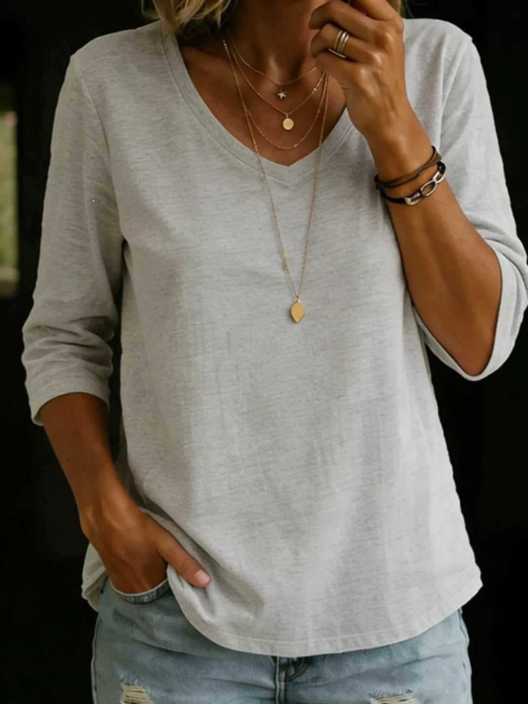 Full Size V-Neck 3/4 Sleeve T-Shirt Plus Size