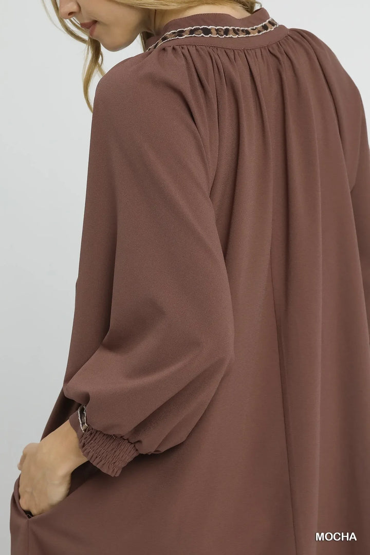 Umgee Notched Shift Dress with Trim Detail