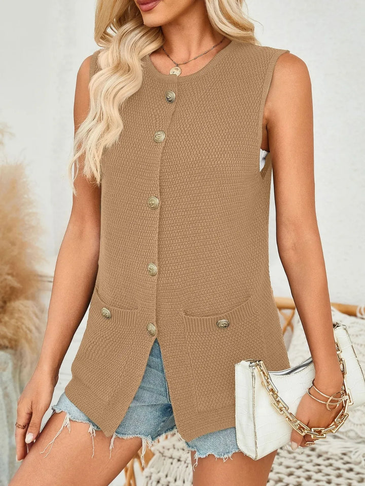 Button Down Round Neck Knit Vest