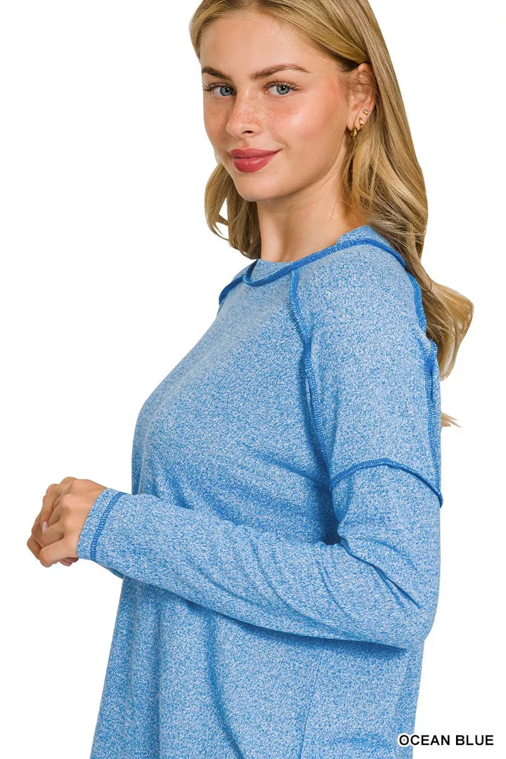 Zenana Full Size Melange Hacci Exposed Seam Hi-low Tee Plus Size