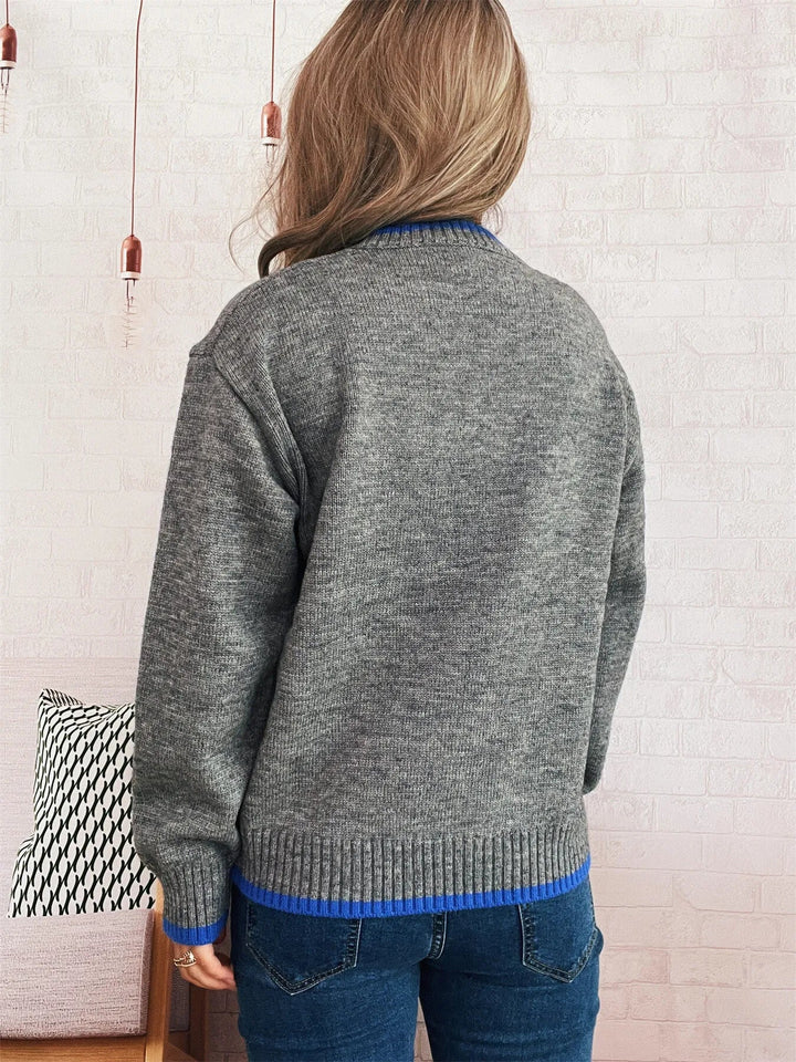 Ribbed Contrast Trim Long Sleeve Sweater