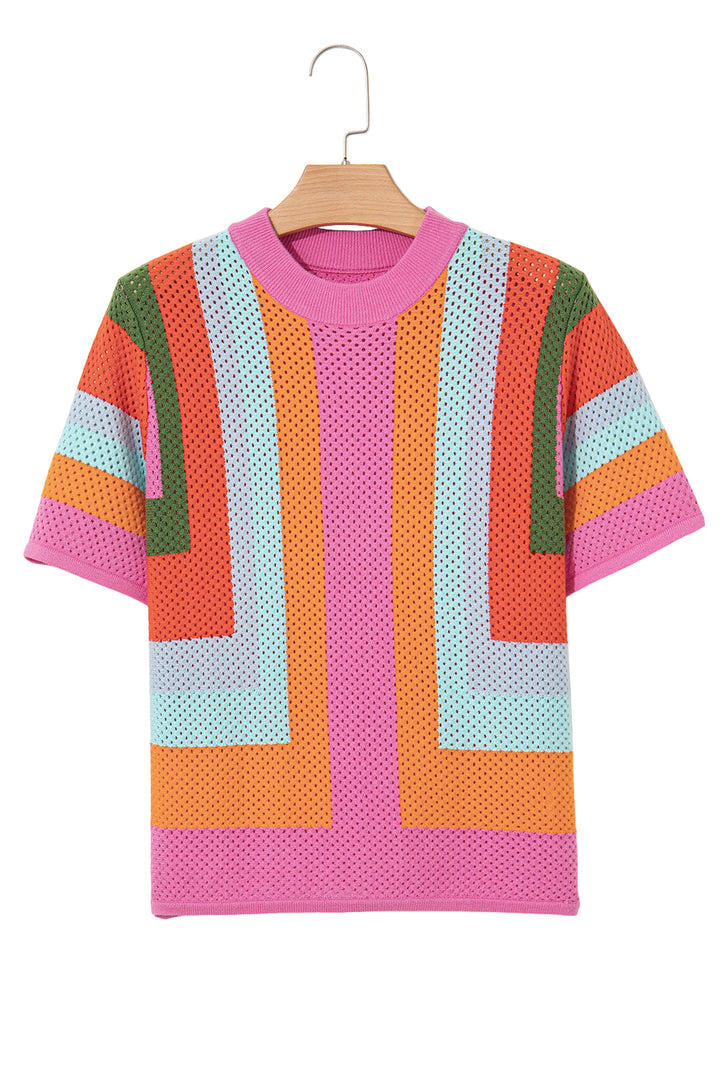 Orange Color Block Eyelet Casual Sweater T Shirt