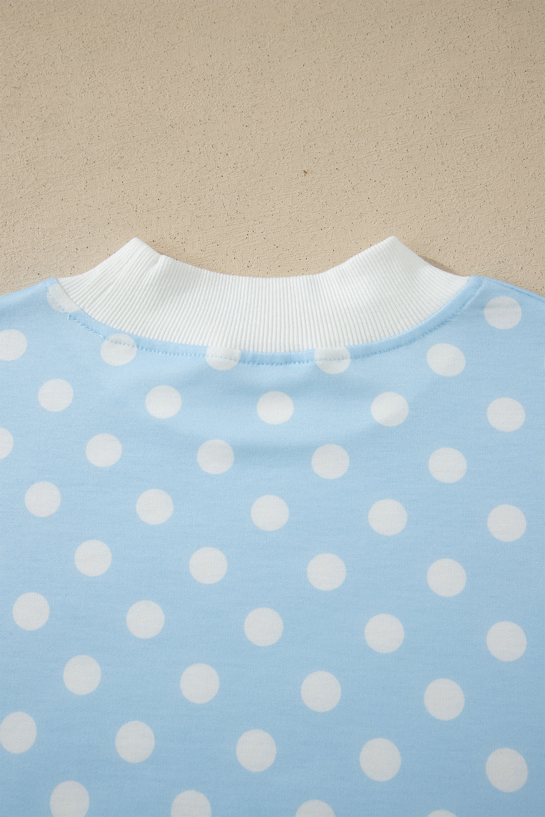 Sky Blue Polka Dot Print Color Block Trim Mock Neck Short Set