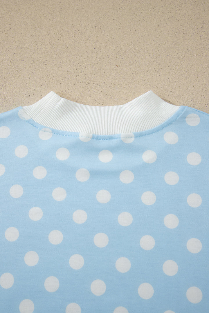 Sky Blue Polka Dot Print Color Block Trim Mock Neck Short Set