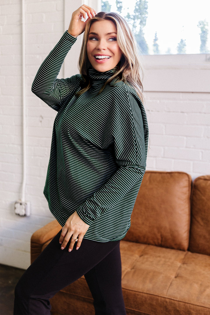 Green Stripe High Neck Dropped Shoulder Long Sleeve Casual Top
