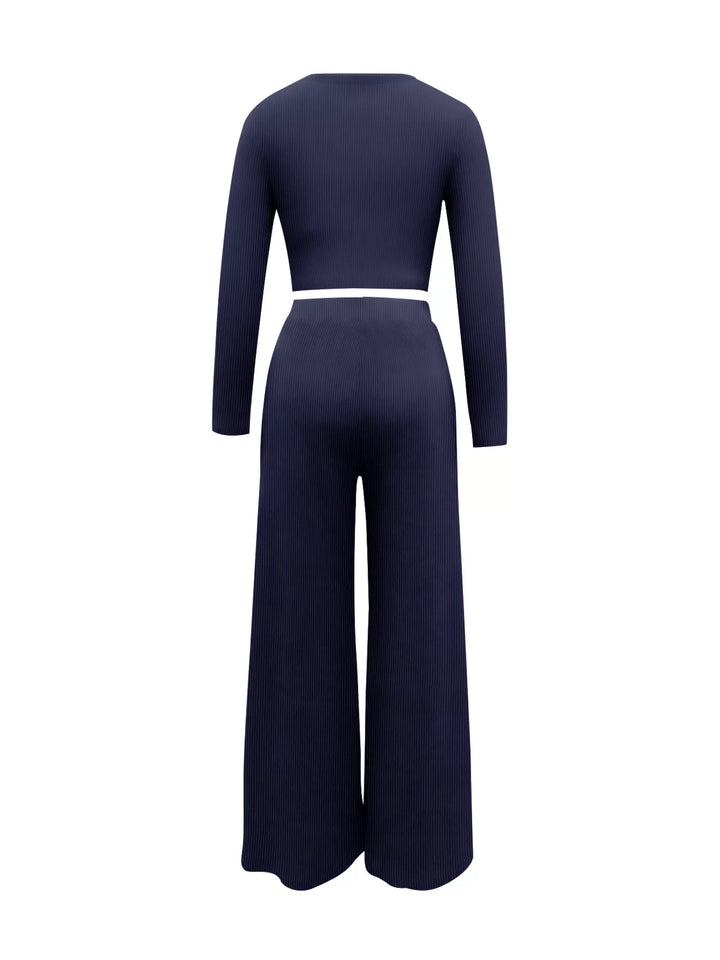 Casual Long Sleeve Crop Top and Wide Leg Pants Set