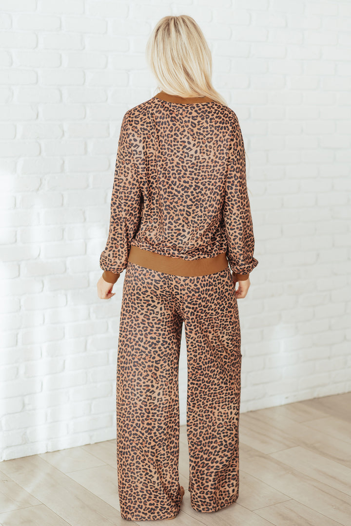Khaki Leopard Pullover and Pants 2pcs Outfit with Bow Embroidery