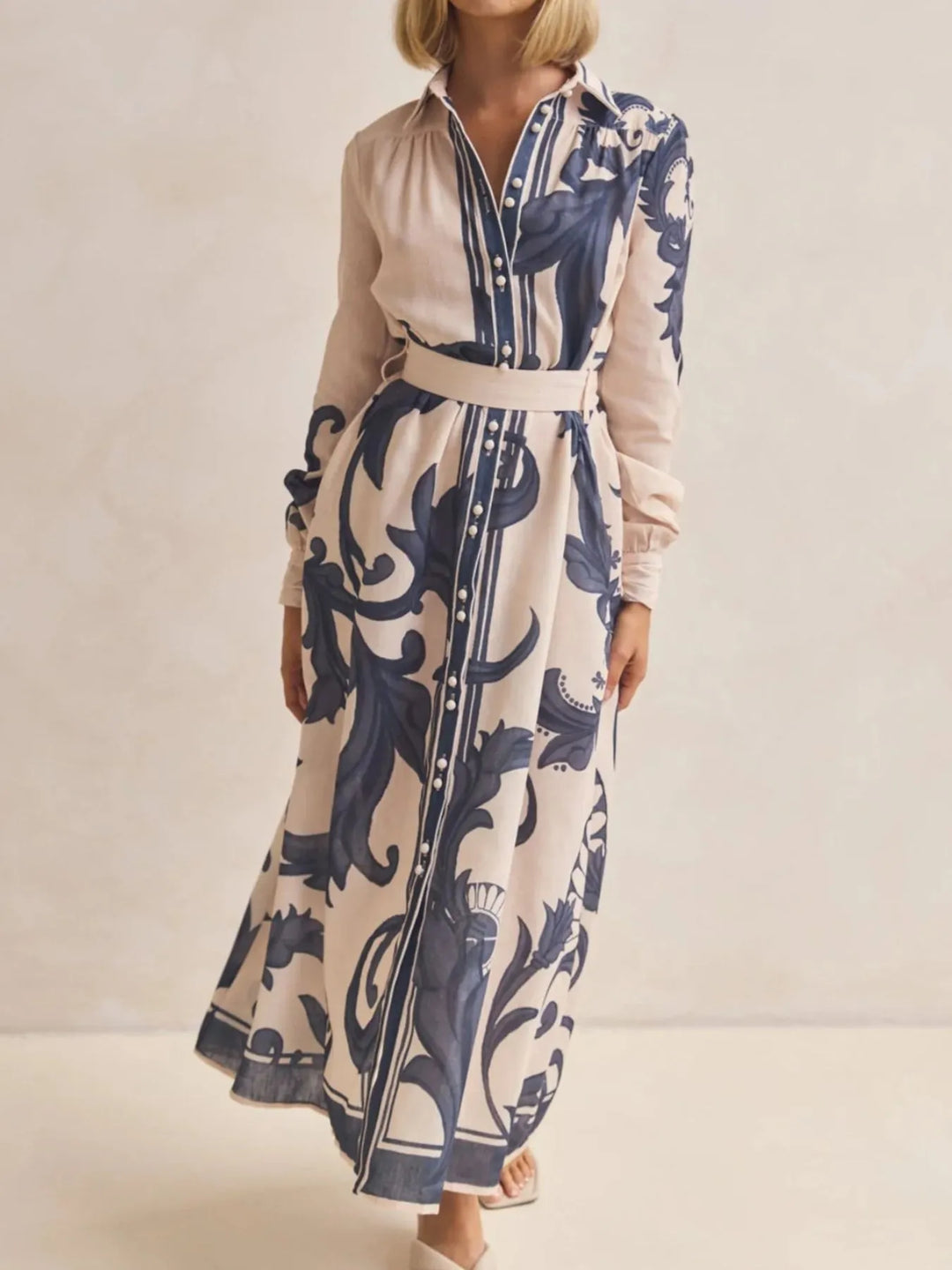 Printed Button Down Belted Shirt Dress