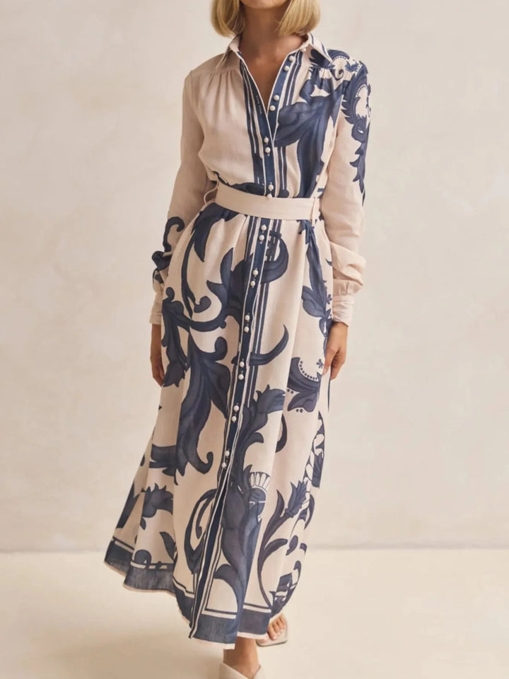 Printed Button Down Belted Shirt Dress