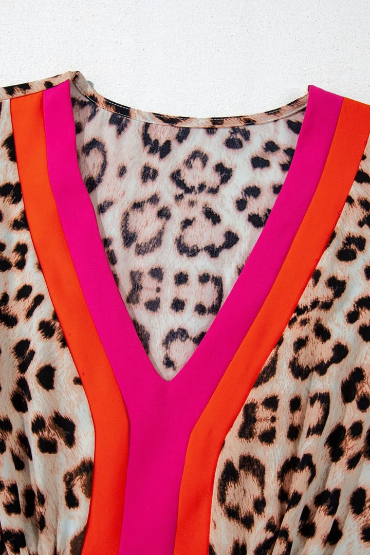 Leopard Print V-Neck Blouse with Contrast Trim