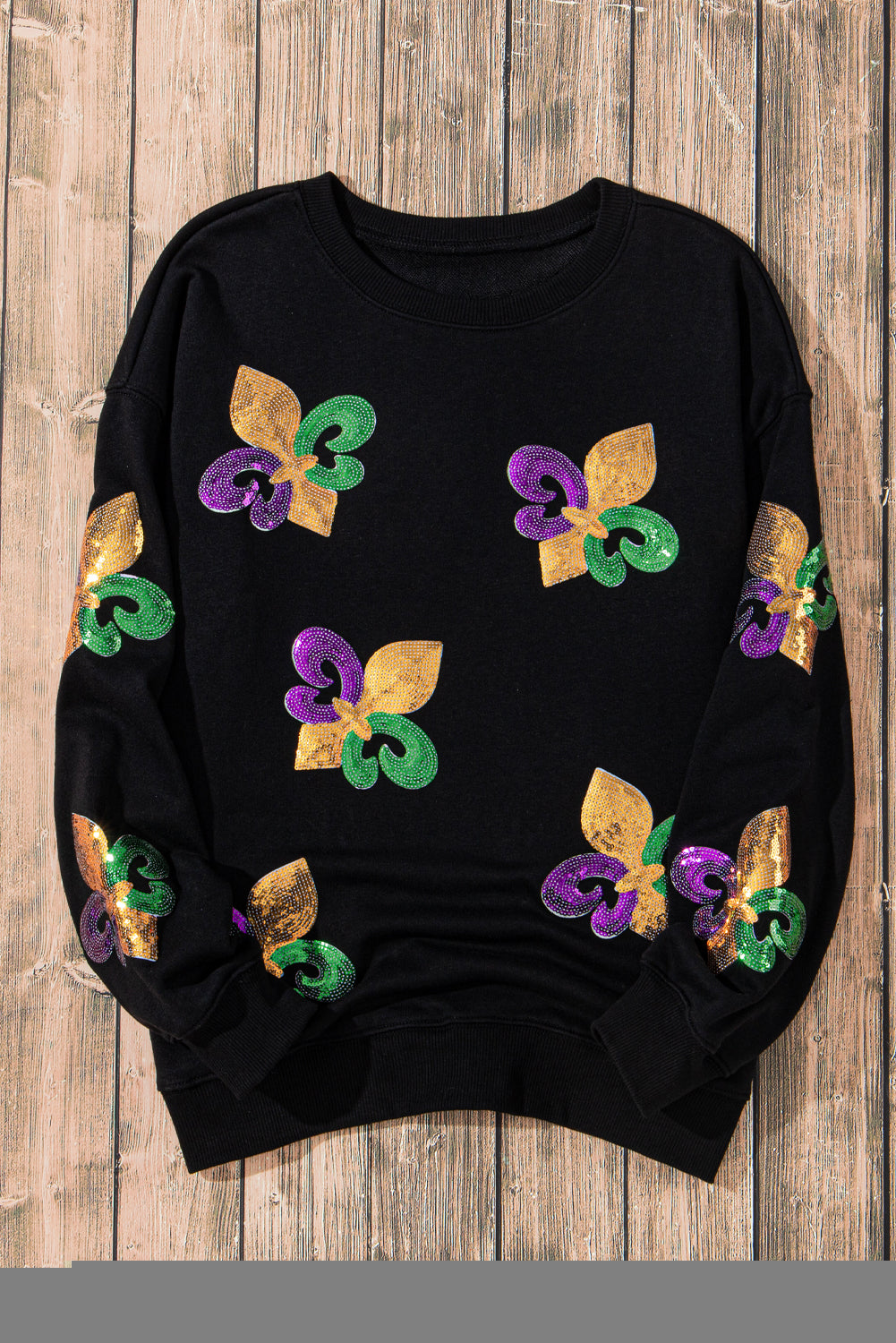 Black Sequin Mardi Gras Graphic Pullover Sweatshirt