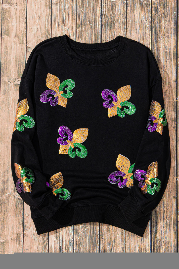 Black Sequin Mardi Gras Graphic Pullover Sweatshirt