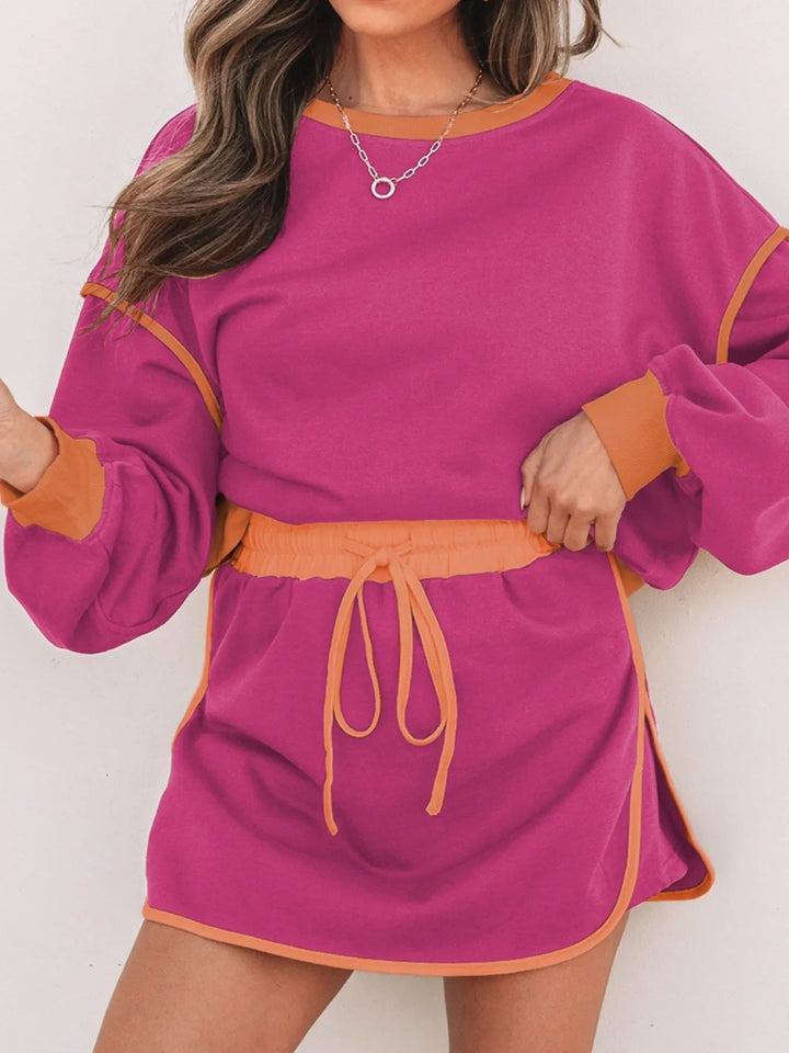 Contrast Trim Long Sleeve Top and Skort Set