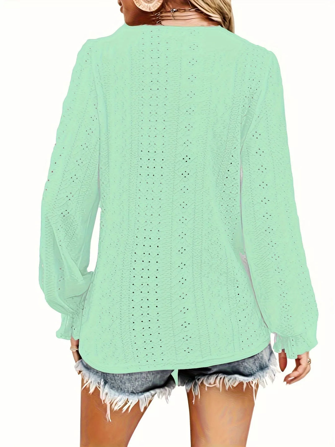 Plus Size Eyelet V-Neck Flounce Sleeve Blouse