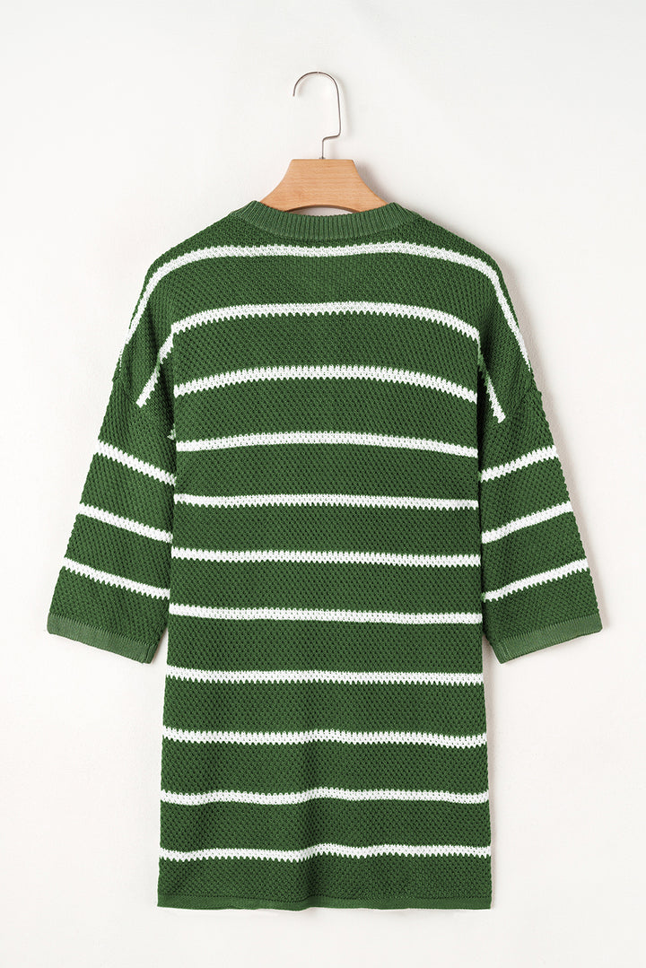 Green Stripe Henley Buttoned Placket Drop Shoulder Bracelet Sleeve Knit Sweater Tee