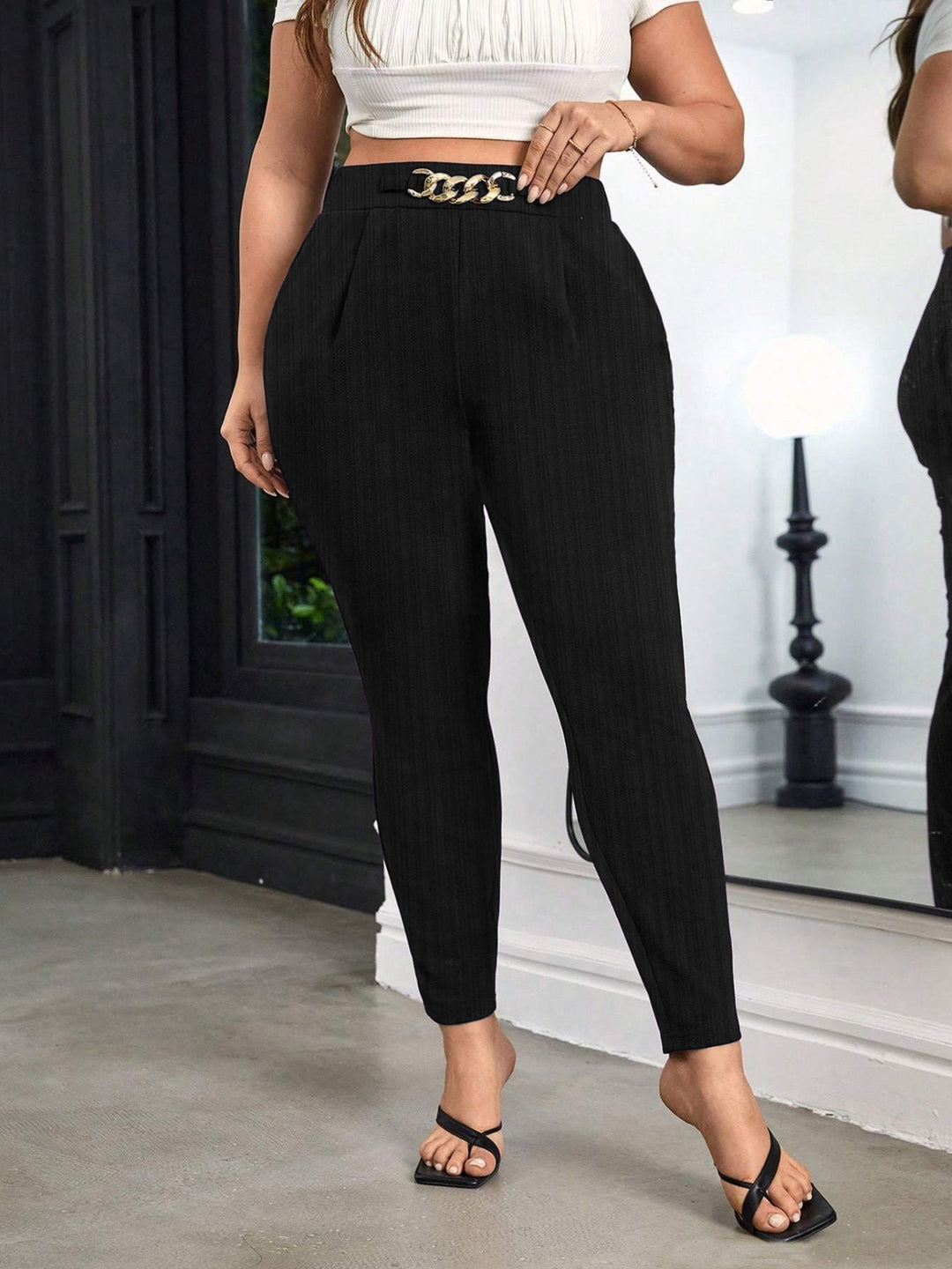 Plus Size Elegant Chain Decor High Waist Skinny Pants