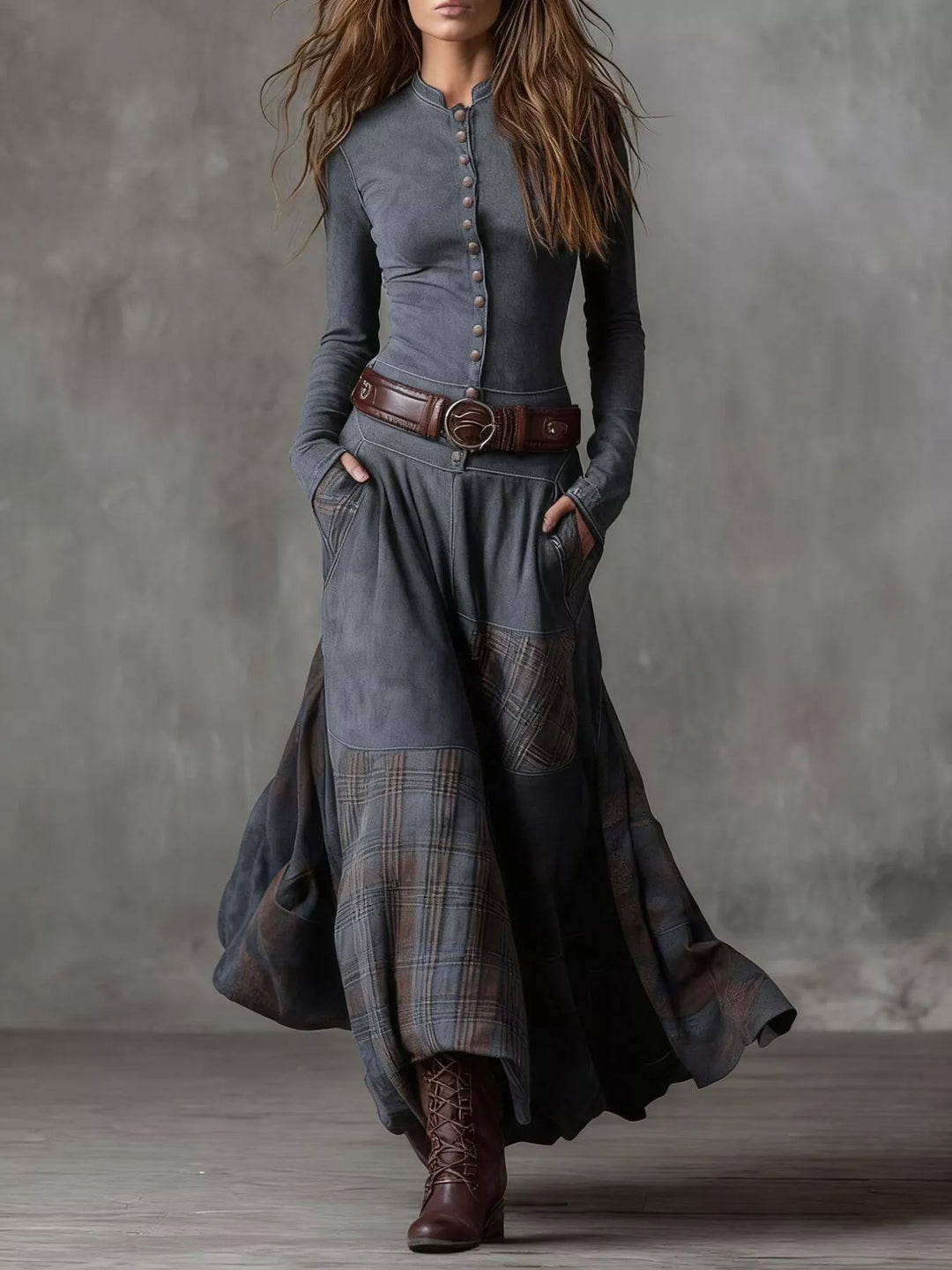 Full Size Plaid Button Front Long Sleeve Dress Plus Size