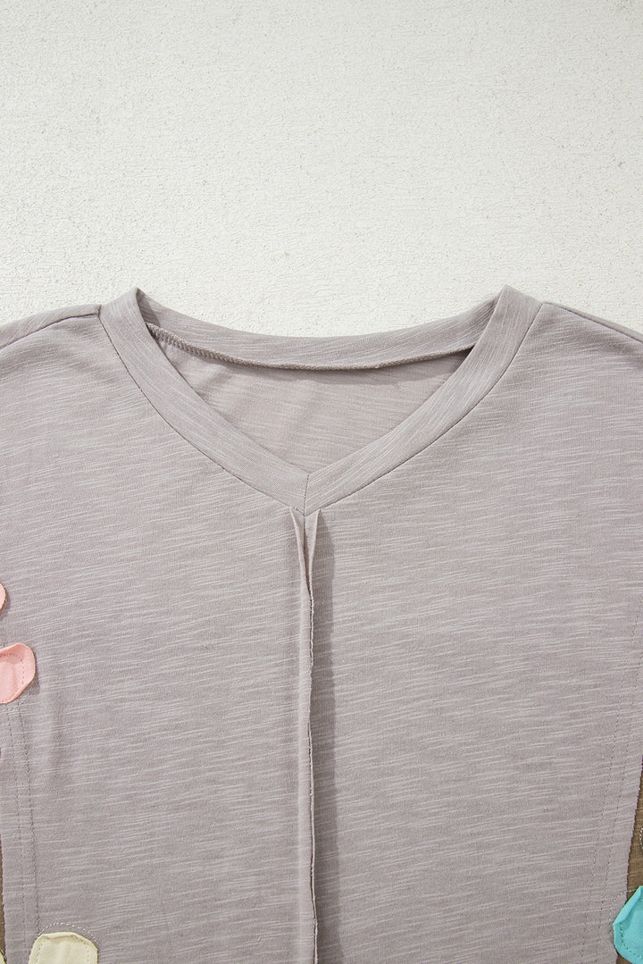 Green Flower Patched Exposed Seam Bracelet Sleeve Oversized T Shirt