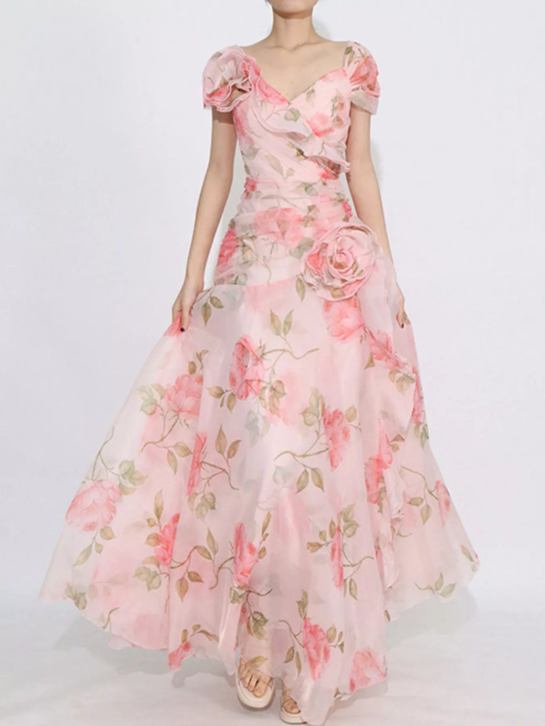 Floral Ruffled Short Sleeve Maxi Dress