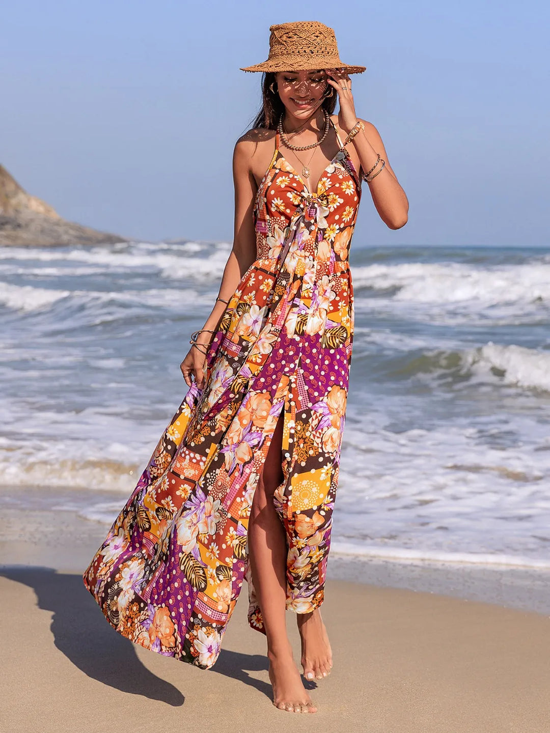 Slit Printed Halter Neck Cami Dress