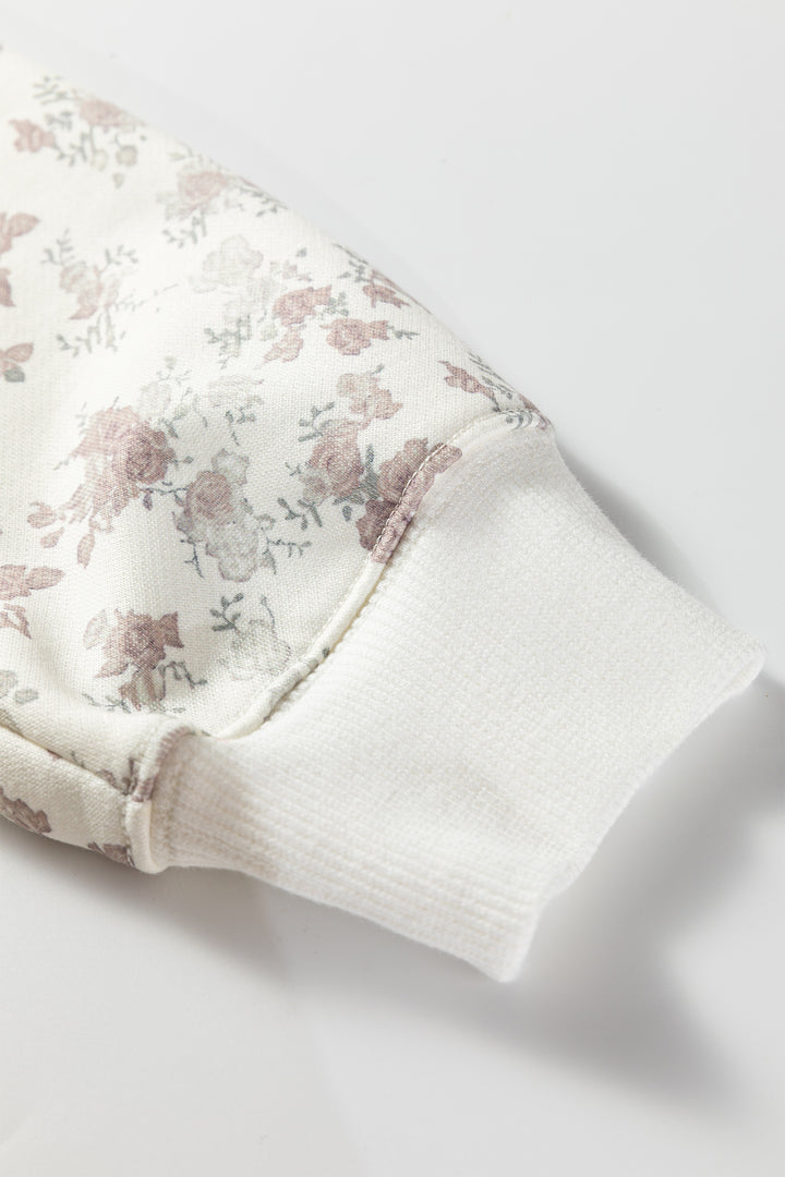 White Floral Print Casual Hoodie Drawstring Jogger Pant Set