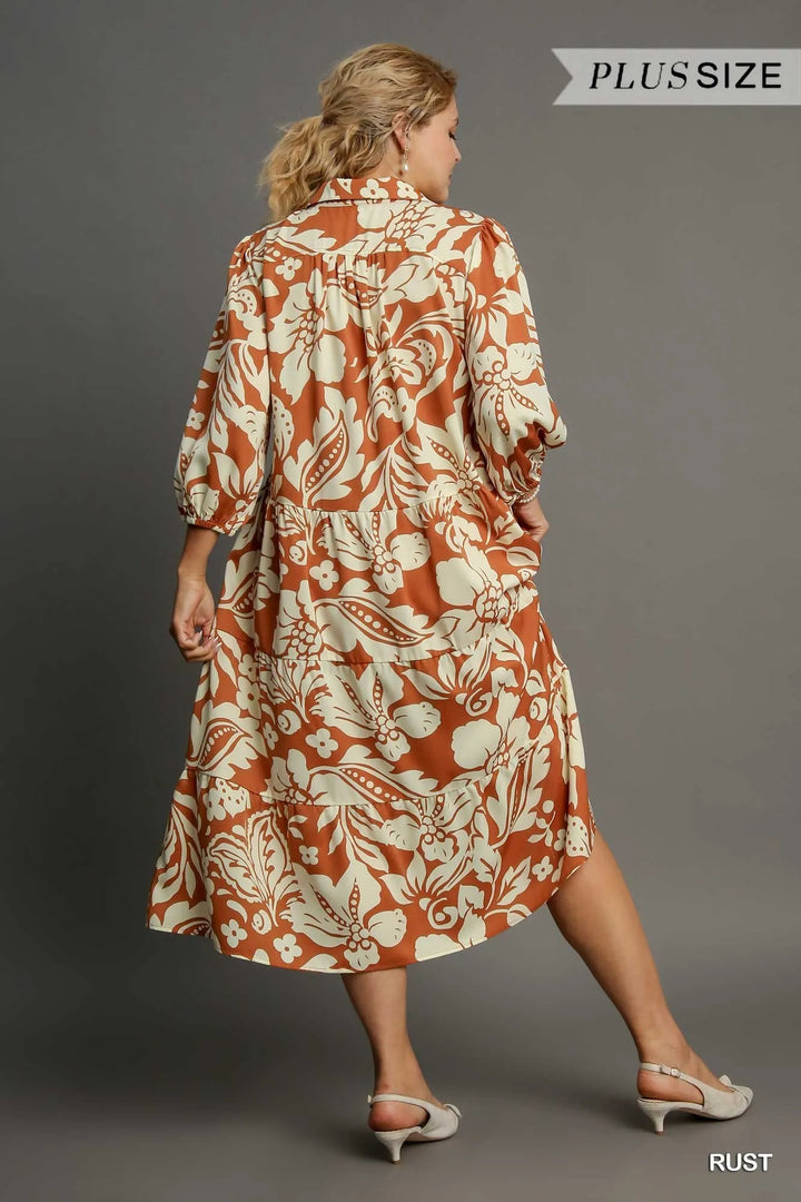 Umgee Full Size Floral Tiered Midi Shirt Dress Plus Size
