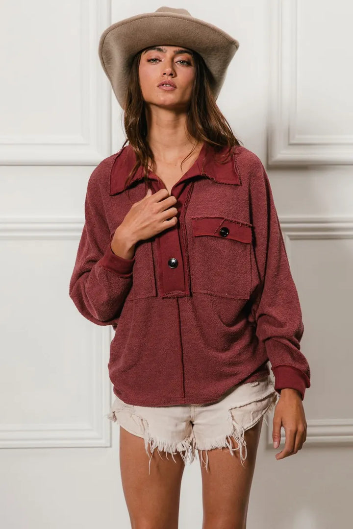 BiBi Cp French Terry Cut Edge Detail Collared Top