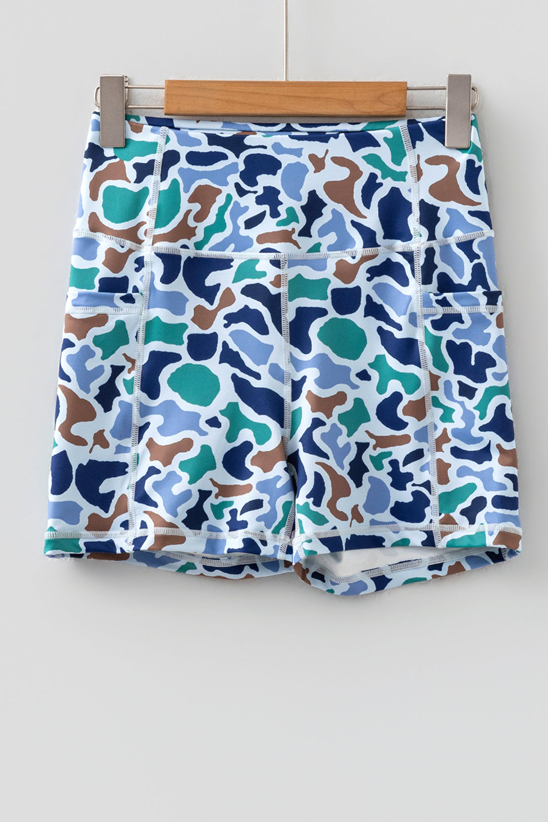 Blue Abstract Camo Printed Seam Detail Biker Shorts