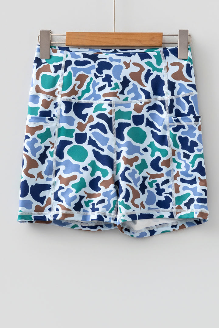 Blue Abstract Camo Printed Seam Detail Biker Shorts