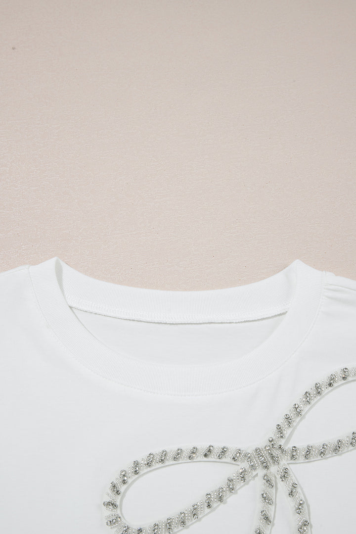 White Rhinestone Bow Embellished Round Neck Tee