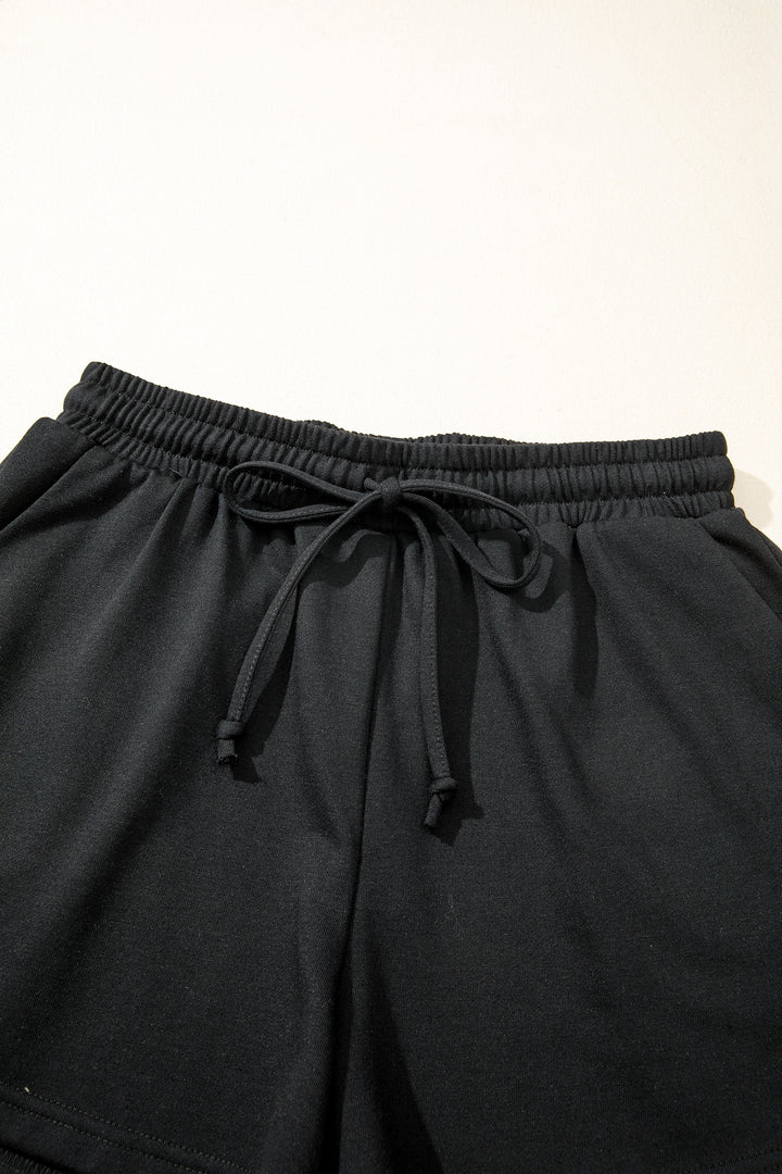 Black Contrast Leopard Bow Patched V Neck Loose Tee Drawstring Shorts 2pcs Outfit