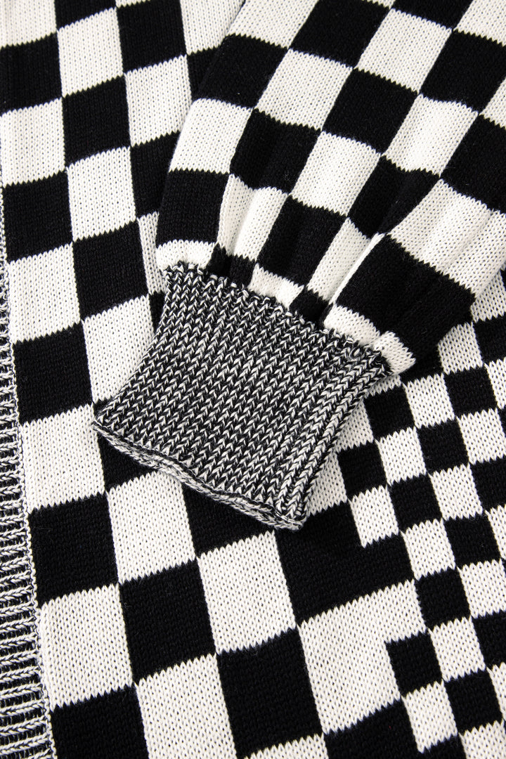 Black Plus Size Checkered Bubble Sleeve Drop Shoulder Open Cardigan