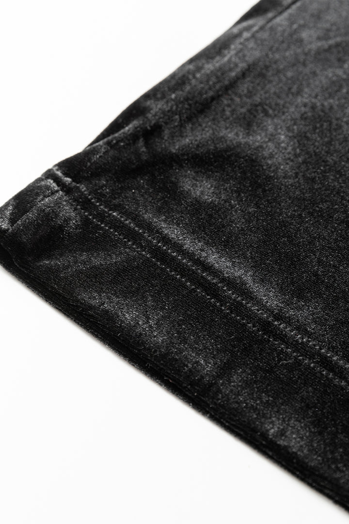 Black Shiny Velvet Drawstring High Waist Straight Leg Casual Pants