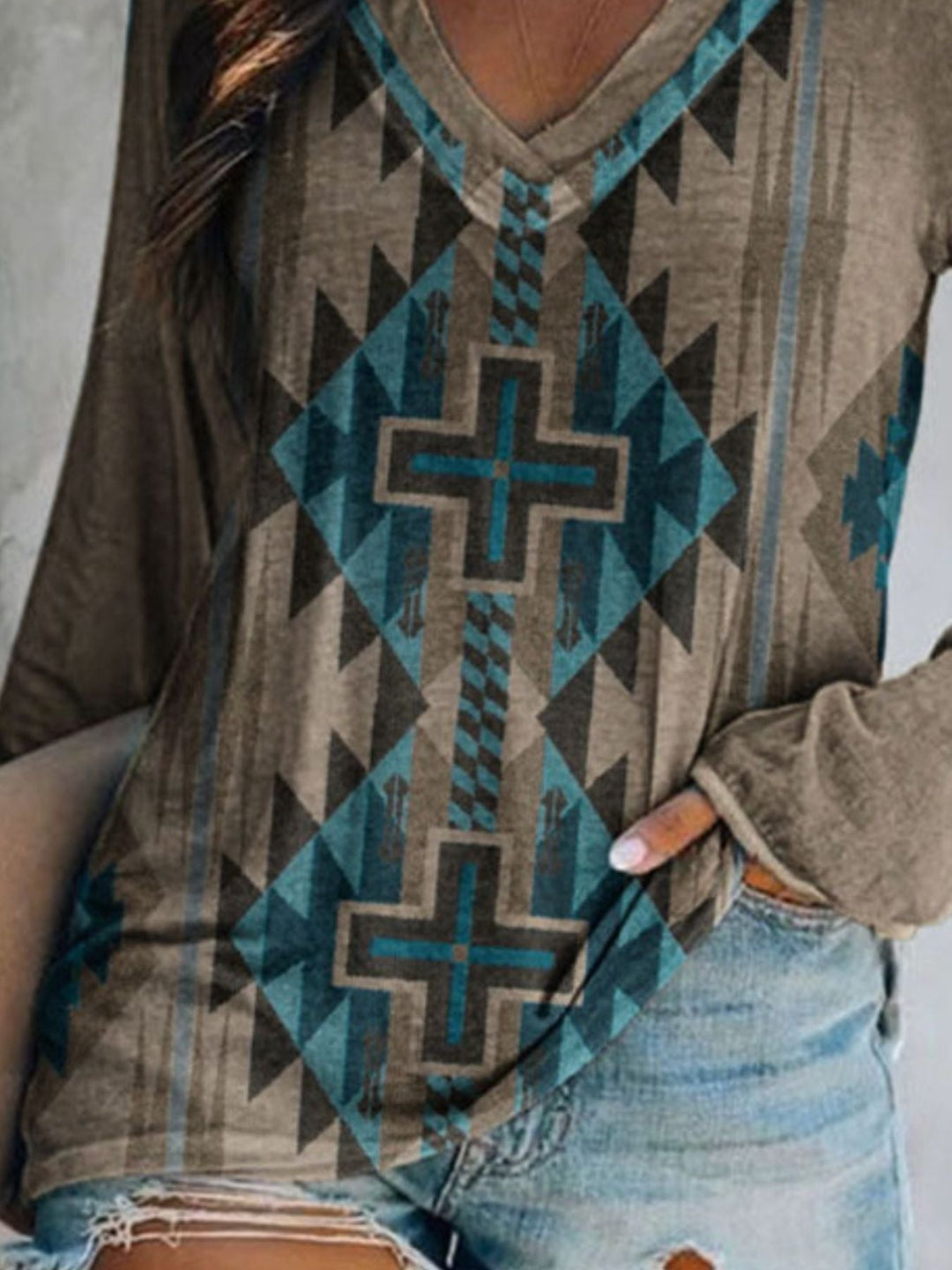 Full Size Geometric V-Neck Long Sleeve T-Shirt Plus Size