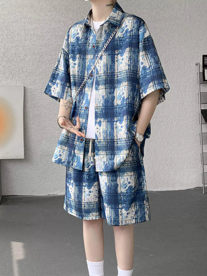 Men's Plus Size Casual Plaid Print Shirt & Shorts Set