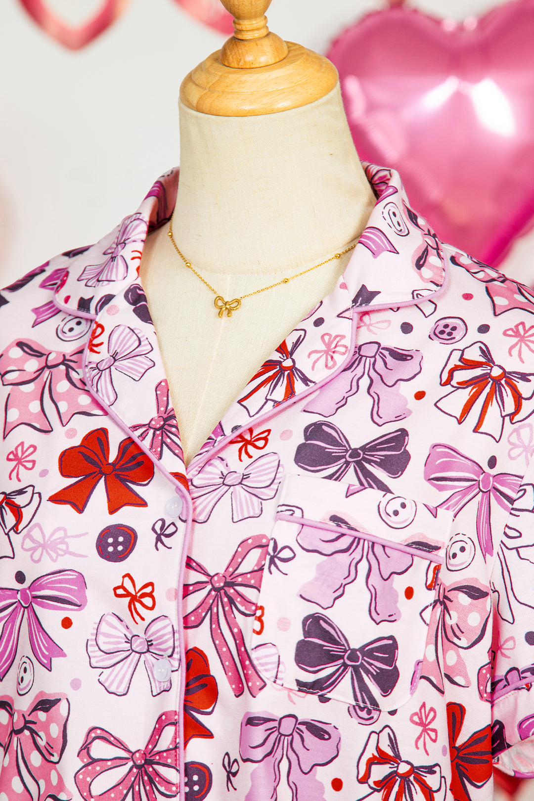 Pink Cute Ribbon Bows Printed Shirt Style 2pcs Short Pajama Set