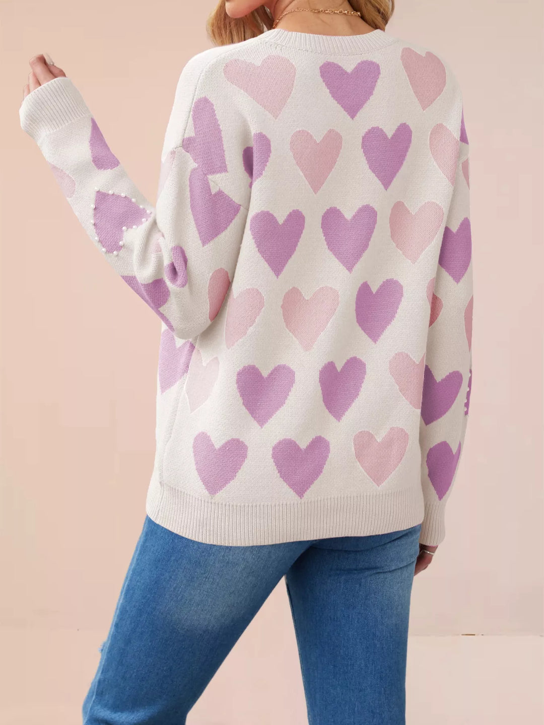 Heart Pattern Beaded Round Neck Sweater