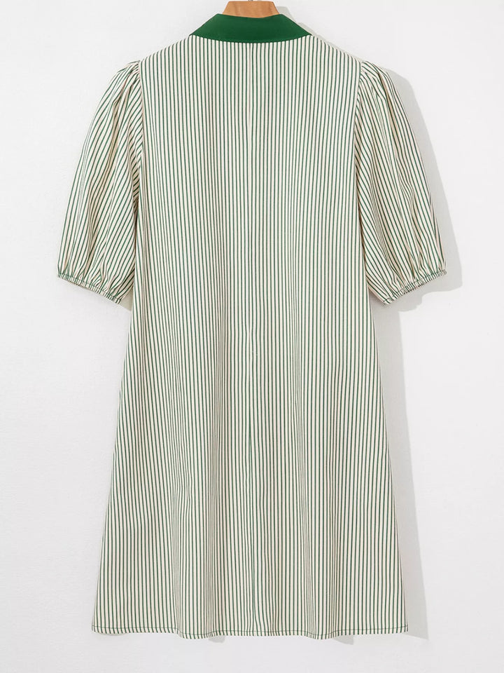 Stripe Color Block Patchwork Shirt Collar Button Down Puff Sleeve Mini Dress