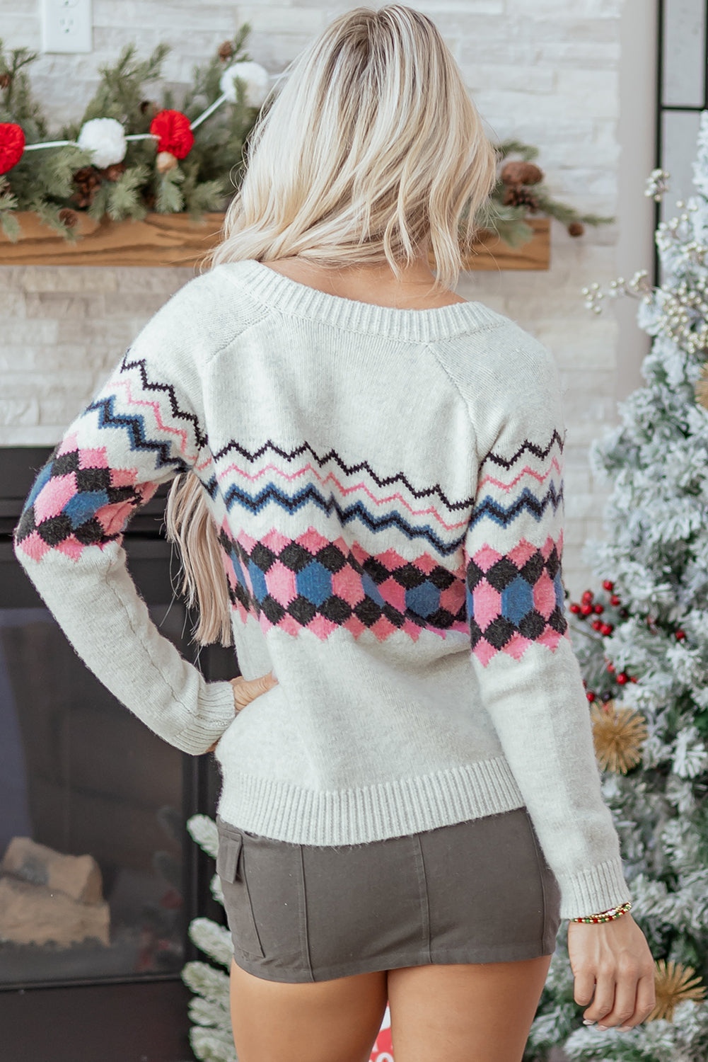 Pink Stripe Geometric Button Up Sweater Cardigan