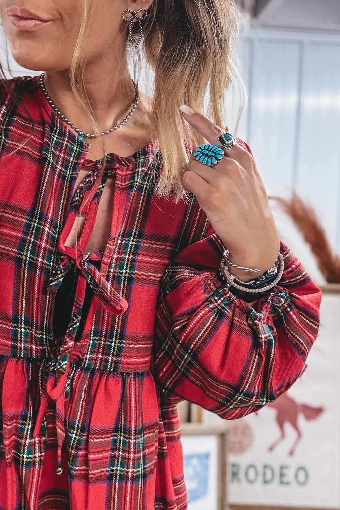 Red Plaid Tie Front Long Sleeve Short Shift Dress