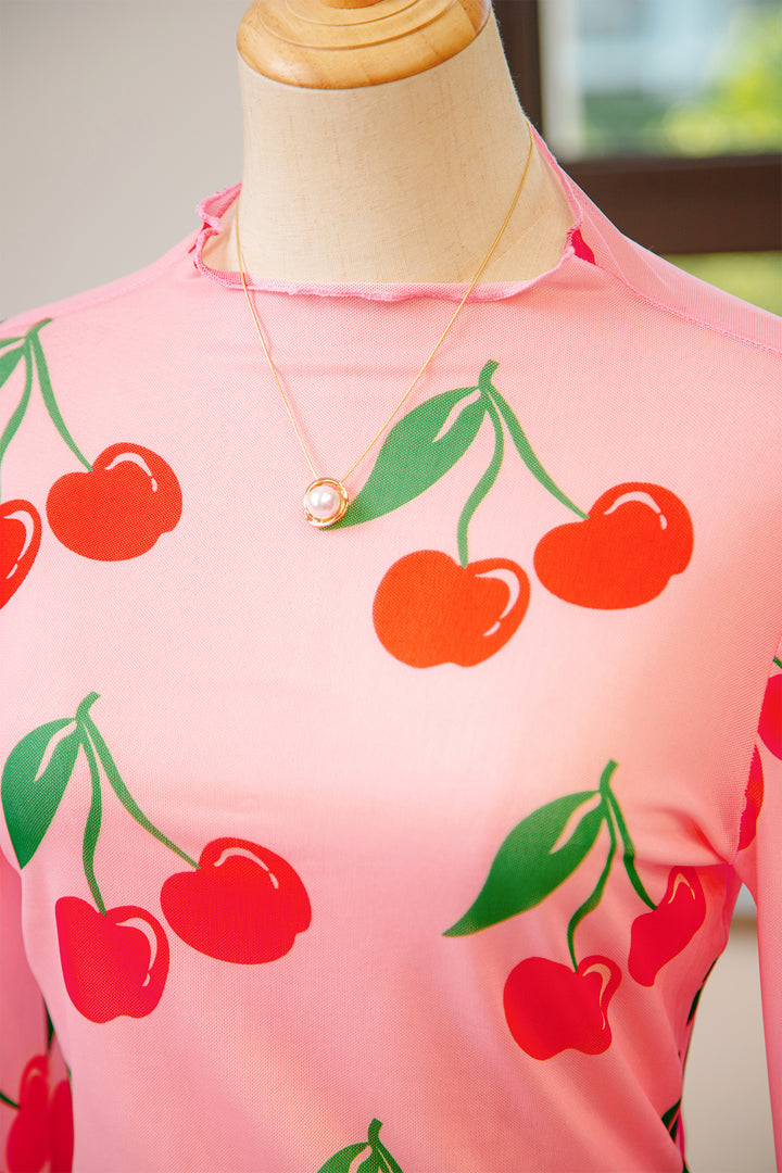 Pink Cherry Print Lettuce Trim Long Sleeve Mesh Top