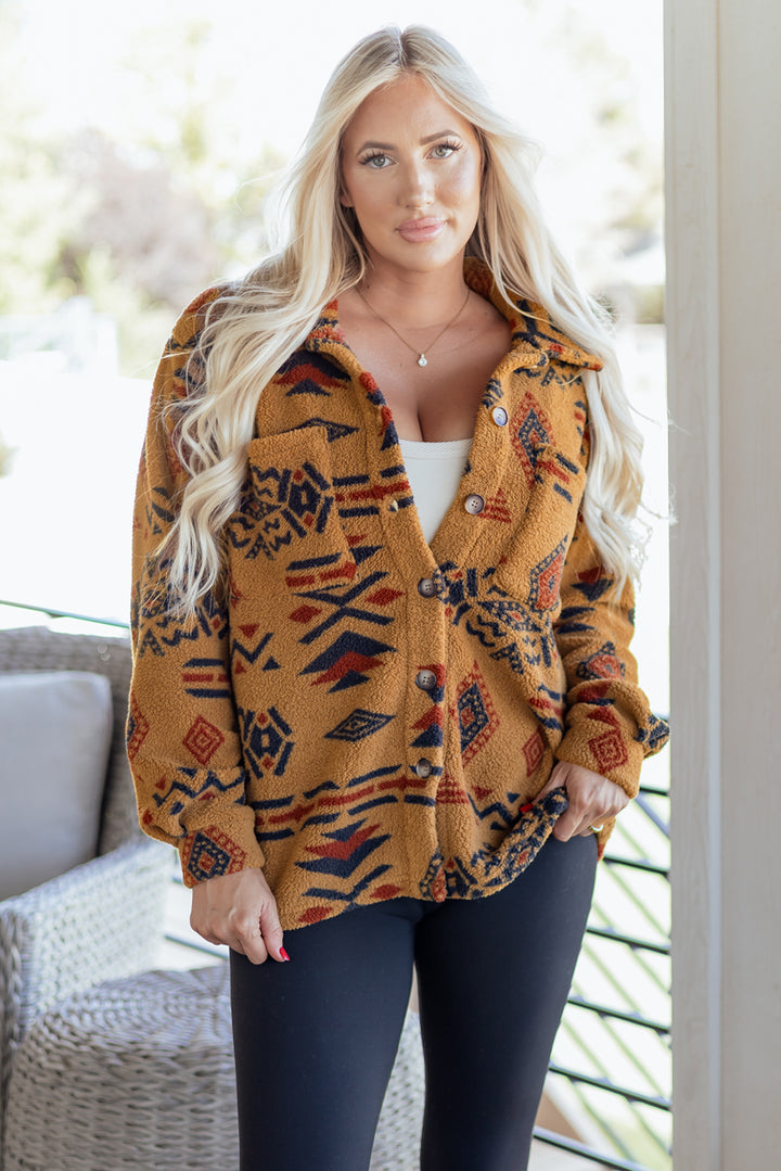 Khaki Western Aztec Pattern Fleece Shacket