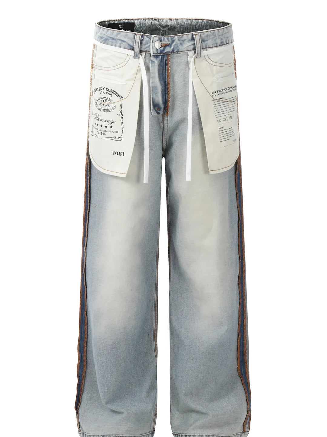 Men's Wide-Leg Jeans with Contrast Side Stripes and Decorative Patches