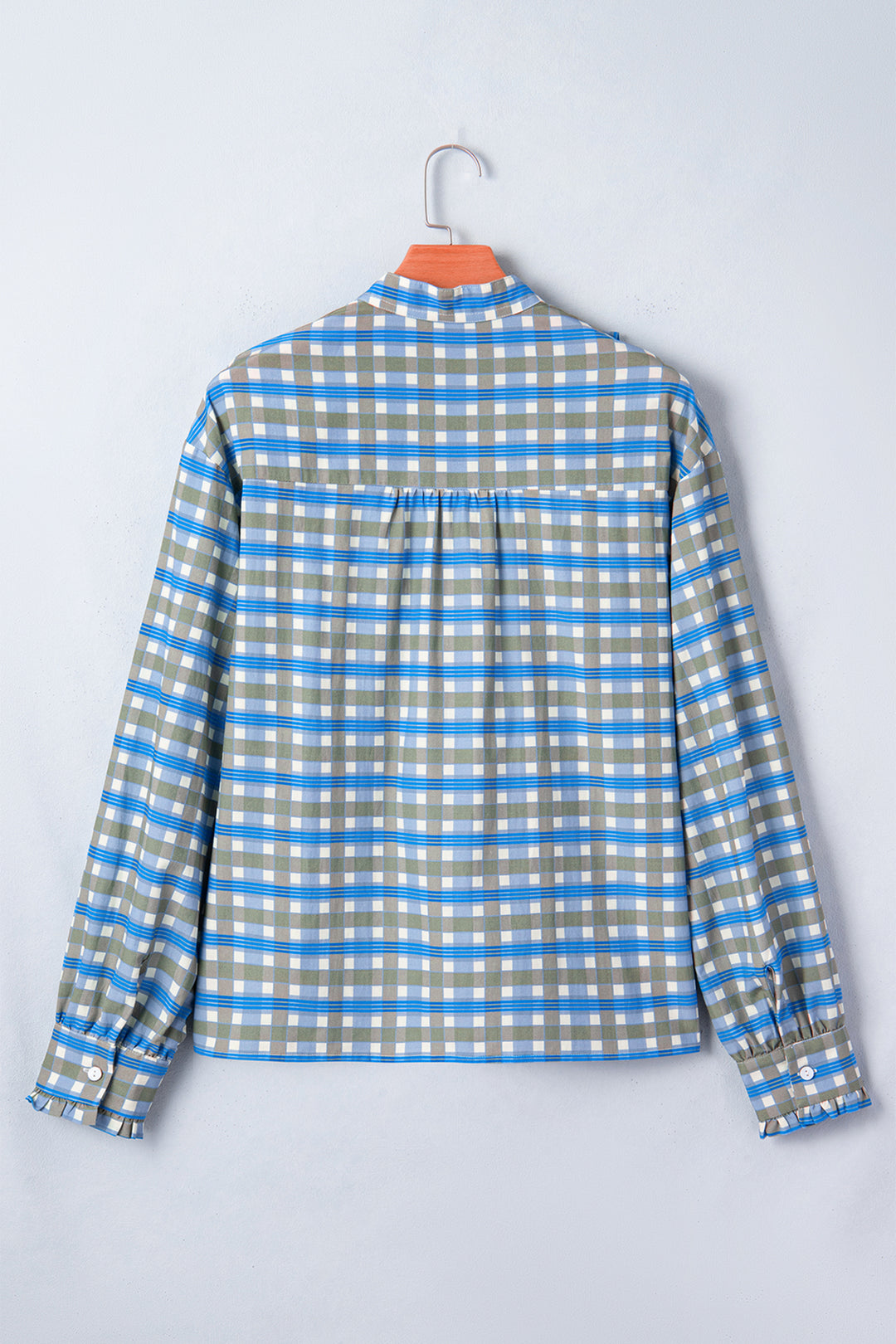 Sky Blue Plaid Long Sleeve Frilled Detail Half Button Blouse