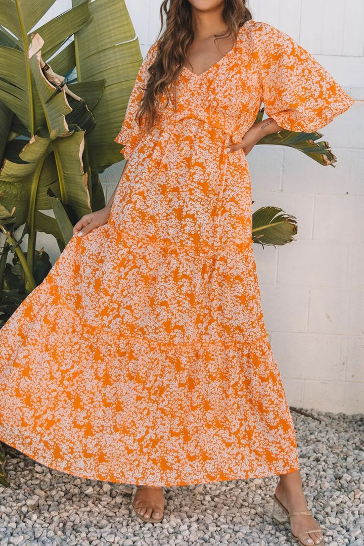 Floral Print Smocked V Neck Wide Sleeve Maxi Dress